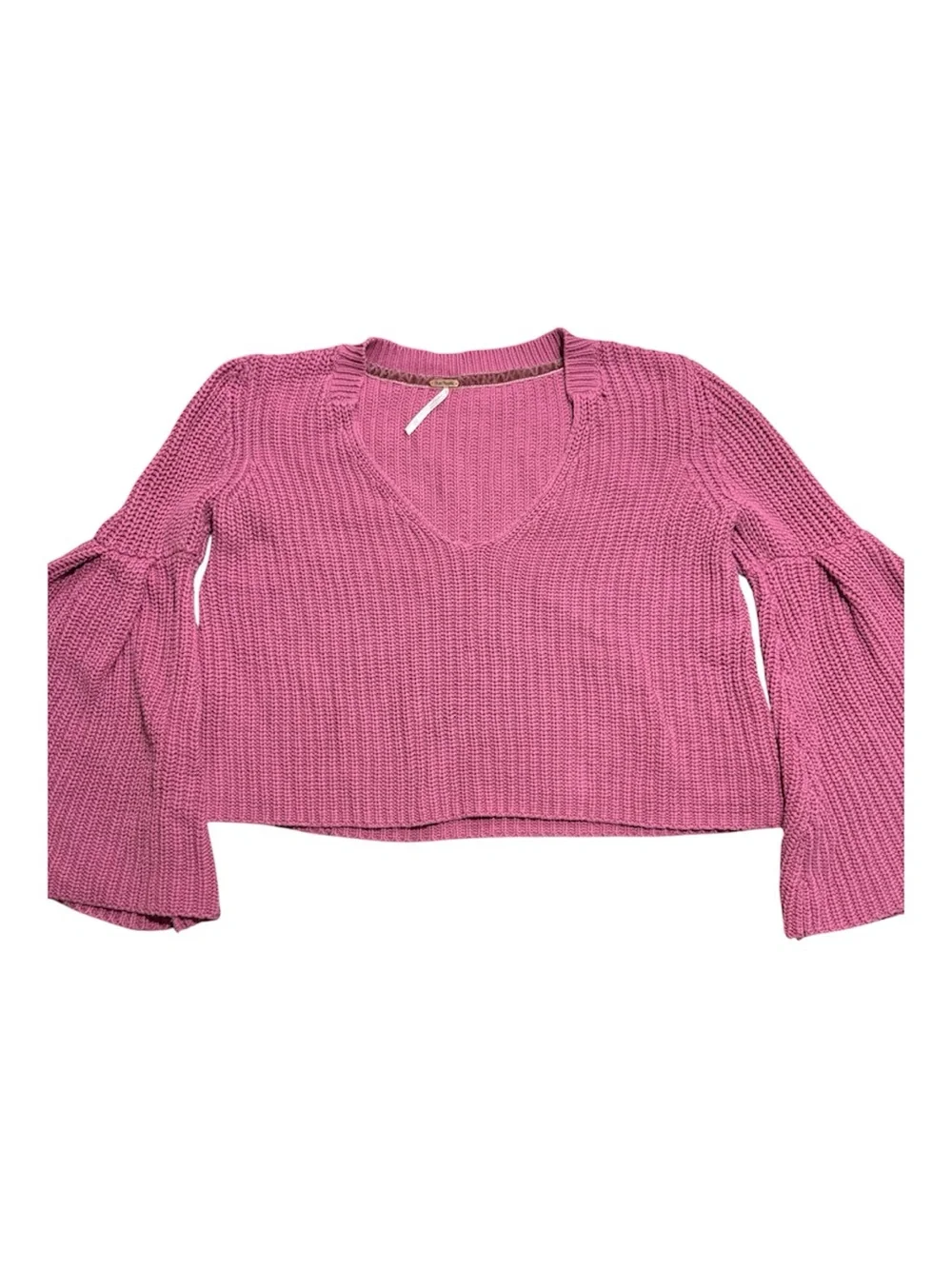 Free People Damsel Bell Sleeve Ribbed Knit V-Neck Cropped Sweater Rose Pink XS